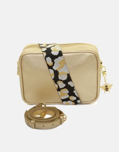 Alice Wheeler London Soho Dual Compartment Camera Cross Body Bag Gold (Pattern Strap)