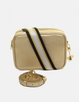 Alice Wheeler London Soho Dual Compartment Camera Cross Body Bag Gold (Stripe Strap)
