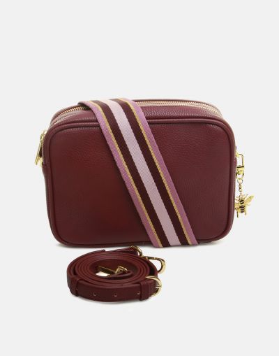 Alice Wheeler London Soho Dual Compartment Camera Cross Body Bag Plum (Stripe Strap)