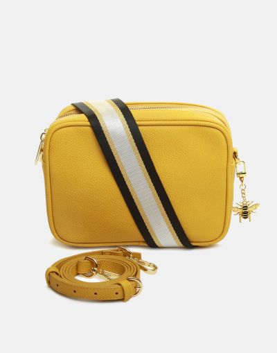Alice Wheeler London Soho Dual Compartment Camera Cross Body Bag Mustard Yellow (Stripe Strap)