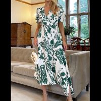 Green And Cream Printed Short Sleeve Wrap Over Midi Dress by AX Paris