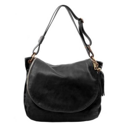 Tuscany Leather Soft Leather Shoulder Bag With Tassel Detail Black #1