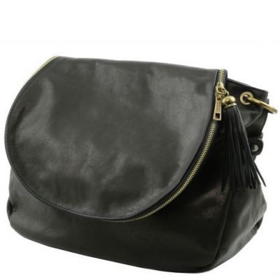 Tuscany Leather Soft Leather Shoulder Bag With Tassel Detail Black #2