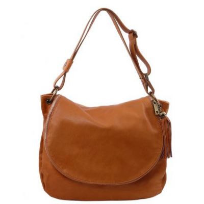 Tuscany Leather Soft Leather Shoulder Bag With Tassel Detail Cognac #1