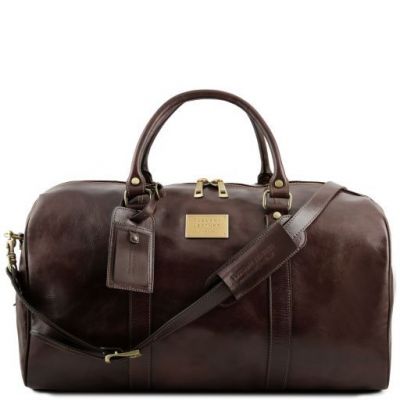 Tuscany Leather Voyager Travel Leather Duffle Bag With Pocket On The Backside Large Size Dark Brown