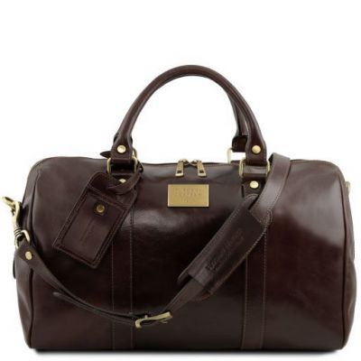 Tuscany Leather Voyager Travel Leather Duffle Bag With Pocket On The Back Side Small Size Dark Brown