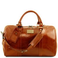 Tuscany Leather Voyager Travel Leather Duffle Bag With Pocket On The Back Side Small Size Dark Honey