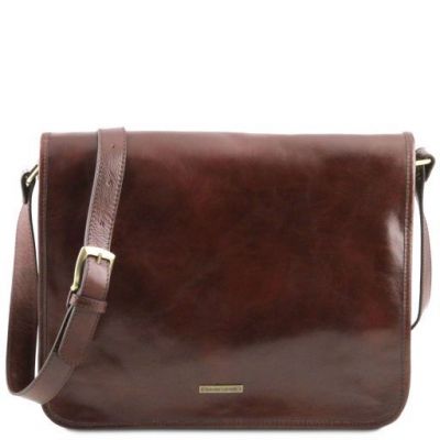 Tuscany Leather Messenger Two Compartments Leather Shoulder Bag Large Size Brown #1