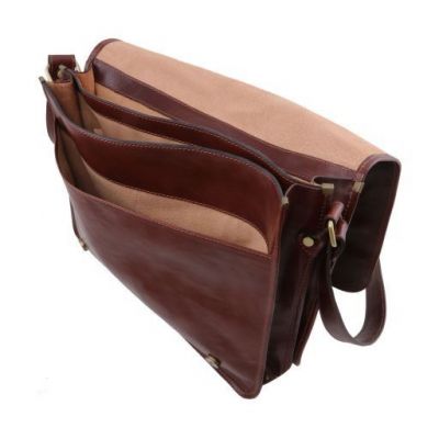 Tuscany Leather Messenger Two Compartments Leather Shoulder Bag Large Size Brown #6