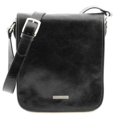 Tuscany Leather Messenger Two Compartments Leather Shoulder Bag Black