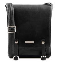 Tuscany Leather Roby Leather Crossbody Bag For Men With Front Straps Black