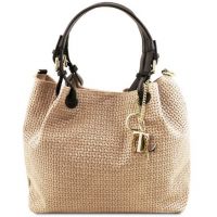 Tuscany Leather Keyluck Woven Printed Leather Shopping Bag Beige