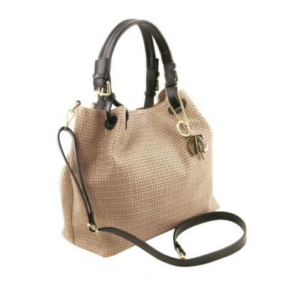 Tuscany Leather Keyluck Woven Printed Leather Shopping Bag Beige #2