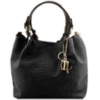 Tuscany Leather Keyluck Woven Printed Leather Shopping Bag Black