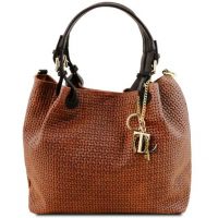 Tuscany Leather Keyluck Woven Printed Leather Shopping Bag Cinnamon