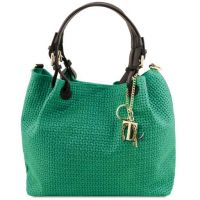 Tuscany Leather Keyluck Woven Printed Leather Shopping Bag Green