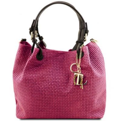 Tuscany Leather Keyluck Woven Printed Leather Shopping Bag Pink