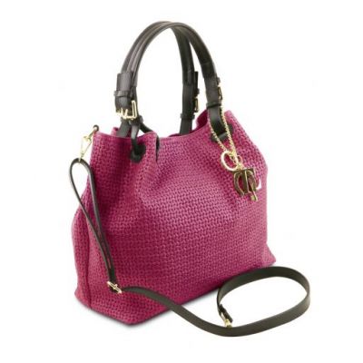 Tuscany Leather Keyluck Woven Printed Leather Shopping Bag Pink #2