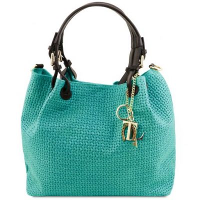 Tuscany Leather Keyluck Woven Printed Leather Shopping Bag Turquoise