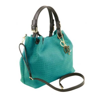 Tuscany Leather Keyluck Woven Printed Leather Shopping Bag Turquoise #2