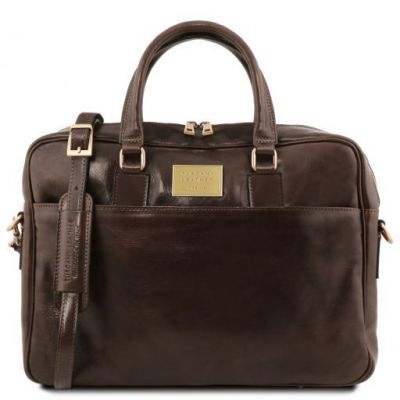 Tuscany Leather Urbino Leather Laptop Briefcase 2 Compartments With Front Pocket Dark Brown