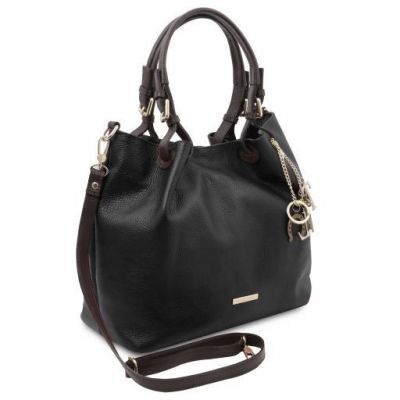 Tuscany Leather Keyluck Soft Leather Shopping Bag Black #2