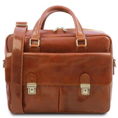 Tuscany Leather San Miniato Leather Multi Compartment Laptop Briefcase With Two Front Pockets Honey