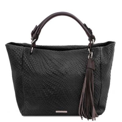 Tuscany Leather TL Bag Woven Printed Leather Shopping Bag Black