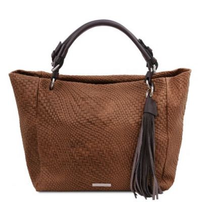 Tuscany Leather TL Bag Woven Printed Leather Shopping Bag Cinnamon