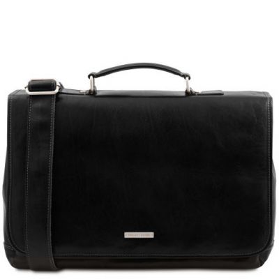 Tuscany Leather Mantova Leather Multi Compartment Smart Briefcase With Flap Black