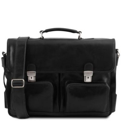 Tuscany Leather Ventimiglia Leather Multi Compartment Tl Smart Briefcase With Front Pockets Black #1