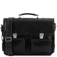 Tuscany Leather Ventimiglia Leather Multi Compartment Tl Smart Briefcase With Front Pockets Black