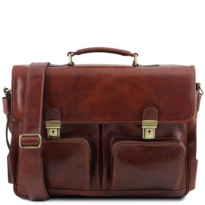 Tuscany Leather Ventimiglia Leather Multi Compartment Tl Smart Briefcase With Front Pockets Brown #1