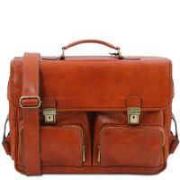 Tuscany Leather Ventimiglia Leather Multi Compartment Tl Smart Briefcase With Front Pockets Honey