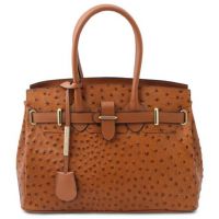Tuscany Leather Handbag In Ostrich-Print Cognac
