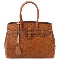 Tuscany Leather Handbag In Ostrich-Print Cognac