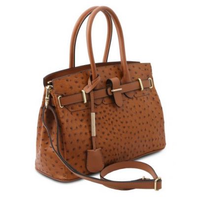 Tuscany Leather Handbag In Ostrich-Print Cognac #2