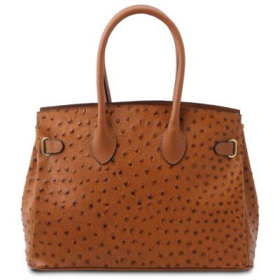 Tuscany Leather Handbag In Ostrich-Print Cognac #3