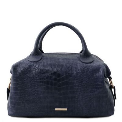 Tuscany Leather Croc Print Soft Leather Maxi Duffle Bag Dark Blue