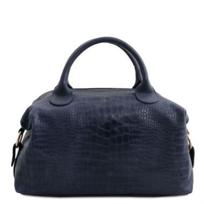 Tuscany Leather Croc Print Soft Leather Maxi Duffle Bag Dark Blue #3