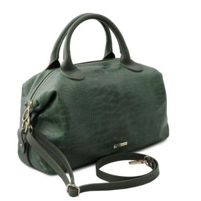 Tuscany Leather Croc Print Soft Leather Maxi Duffle Bag Forest Green #2