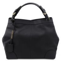 Tuscany Leather Ambrosia Soft Leather Shopping Bag With Shoulder Strap Black
