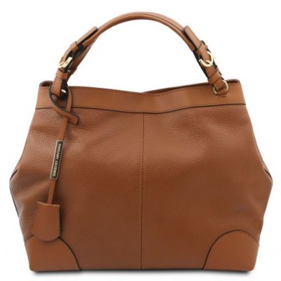 Tuscany Leather Ambrosia Soft Leather Shopping Bag With Shoulder Strap Cognac