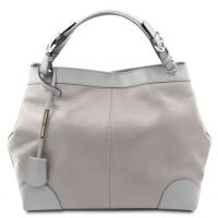 Tuscany Leather Ambrosia Soft Leather Shopping Bag With Shoulder Strap Light Grey