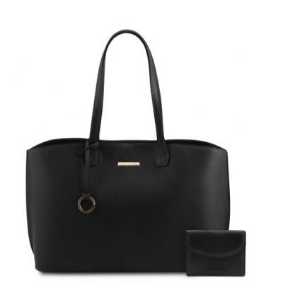 Tuscany Leather Pantelleria Leather Shopping Bag And 3 Fold Leather Wallet With Coin Pocket Black