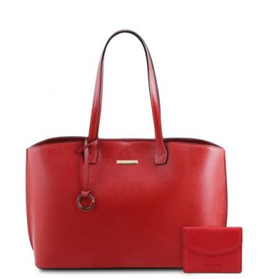 Tuscany Leather Pantelleria Leather Shopping Bag And 3 Fold Leather Wallet With Coin Pocket Lipstick Red #1
