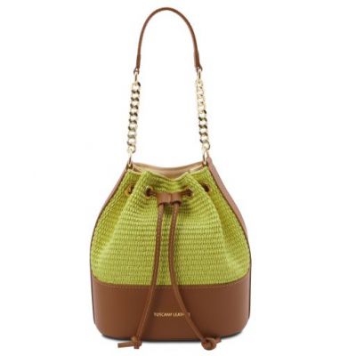 Tuscany Leather Bag Straw Effect Bucket Bag Green #1