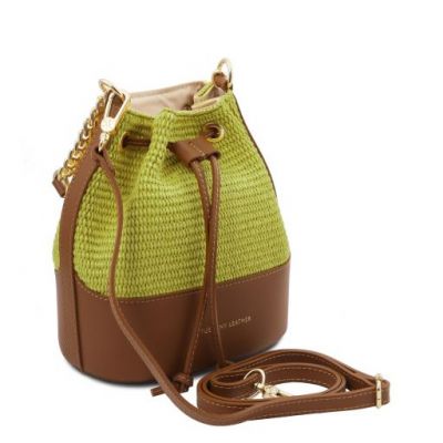 Tuscany Leather Bag Straw Effect Bucket Bag Green #2