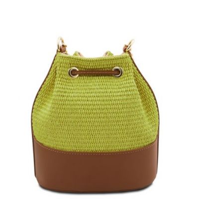 Tuscany Leather Bag Straw Effect Bucket Bag Green #3