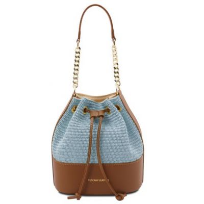 Tuscany Leather Bag Straw Effect Bucket Bag Light Blue